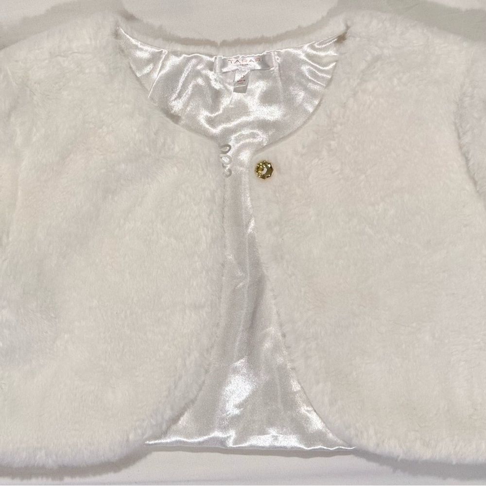 Tahari Girl Sz 12 Holiday Puff Sweater Shrug White Faux Fur Special Occasion EUC